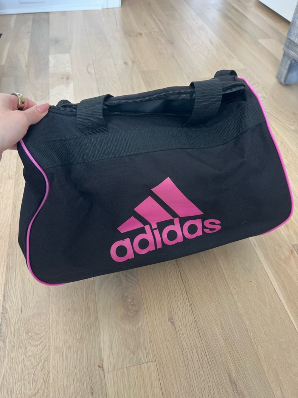 adidas Black Duffel Bag with Pink Logo and Trim